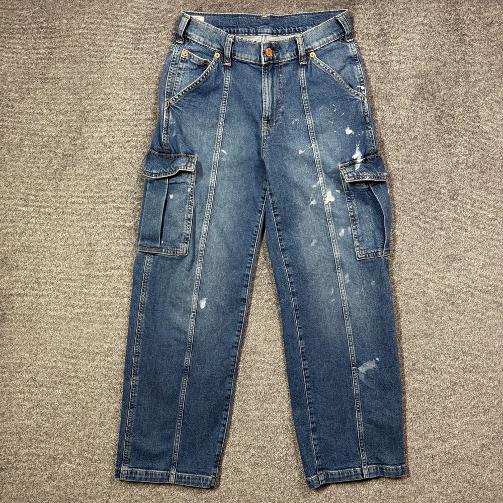 Gap Jeans 90s Loose Cargo Mid Rise Petite 25/0P Medium Wash Paint Splatter